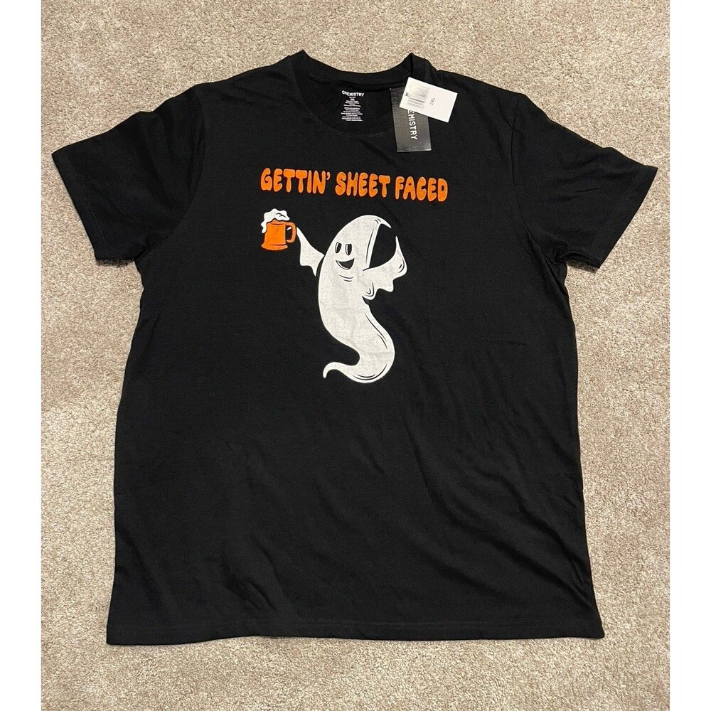 Halloween Black Ghost Tee Shirt ‘Gettin’ Sheet Faced’ Beer Novelty Funny Sz 2XL